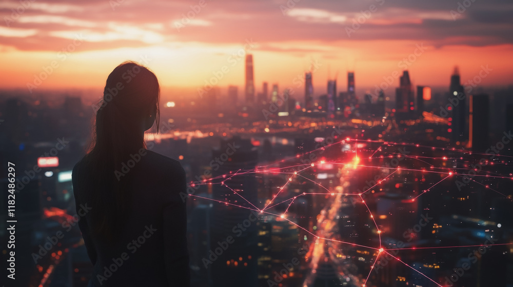 Abstract business woman stands on the peak of success amid tall, innovative Smart city and graphs with statistics to analyze business potential and predict future developments in company growth. Abstract business woman stands on the peak of success amid tall, innovative Smart city and graphs with statistics to analyze business potential and predict future developments in company growth.