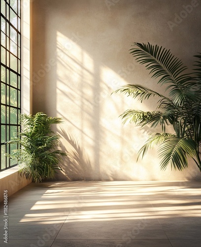 Empty soft interior with palm leaves plant. Modern 3d living room, office or gallery with shadows and sunlight from the window on the wall. Realistic illustration wall mockup design for background