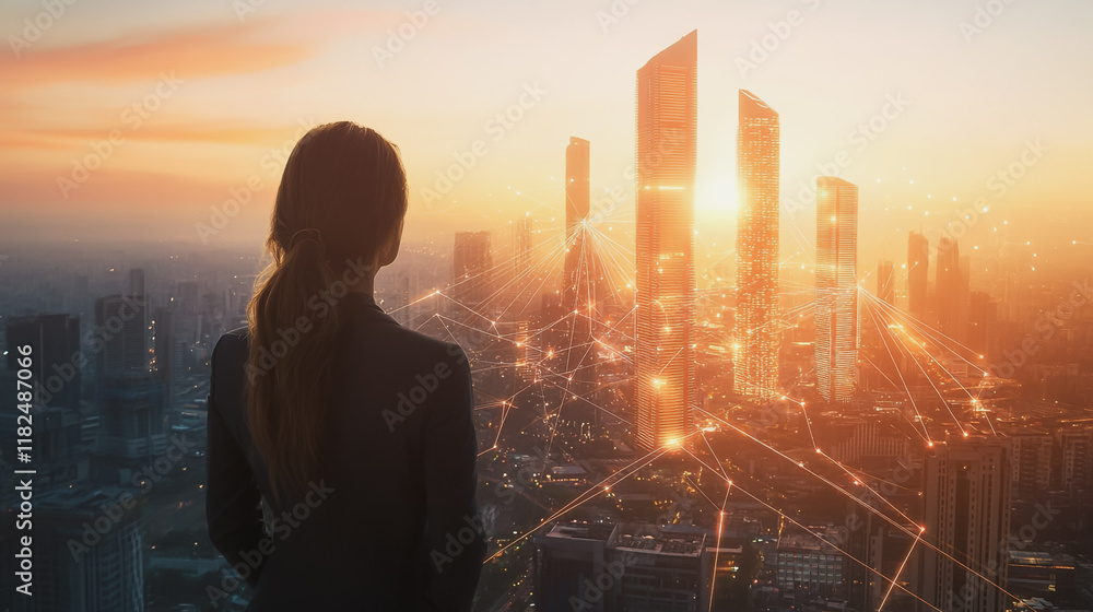 Fototapeta premium Abstract business woman stands on the peak of success amid tall, innovative Smart city and graphs with statistics to analyze business potential and predict future developments in company growth.