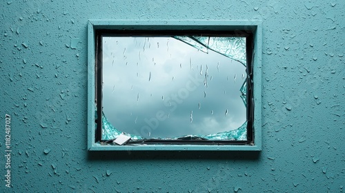 Home insurance damage and theft, A broken window reveals a cloudy sky, framed by a textured teal wall, with raindrops accentuating the somber atmosphere.