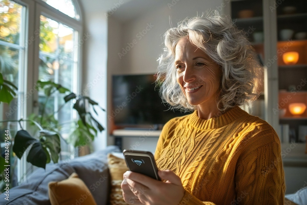 Friendly woman using smart home system on her phone to control lights, security and TV in her living room. Friendly woman using smart home system on her phone to control lights, security and TV in her living room.