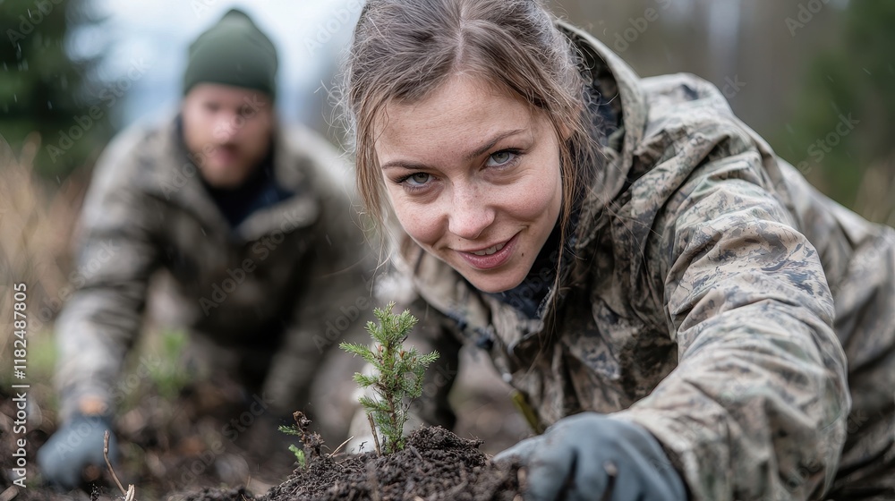 Young Woman Planting Seedling in Forest Environment Young Woman Planting Seedling in Forest Environment