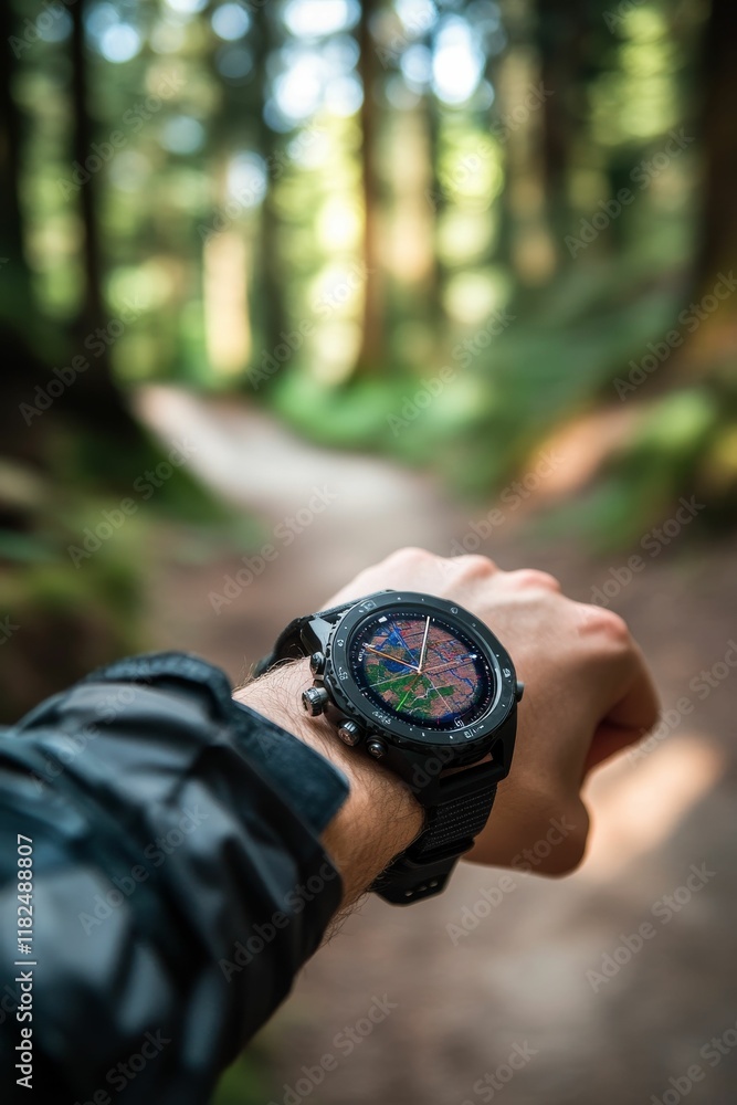 Wristwatch displays map, forest background. Wristwatch displays map, forest background.