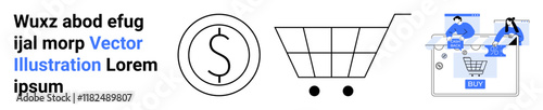 Shopping cart, dollar sign, and people at online checkout in blue. Ideal for e-commerce, online retail, shopping, digital transactions, web stores mobile commerce and UXUI designs. Landing page