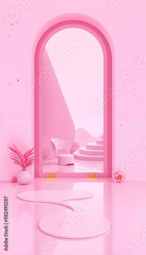 Wallpaper Mural Minimalist pink archway with a chair, podium, and flower in a pink room. Torontodigital.ca