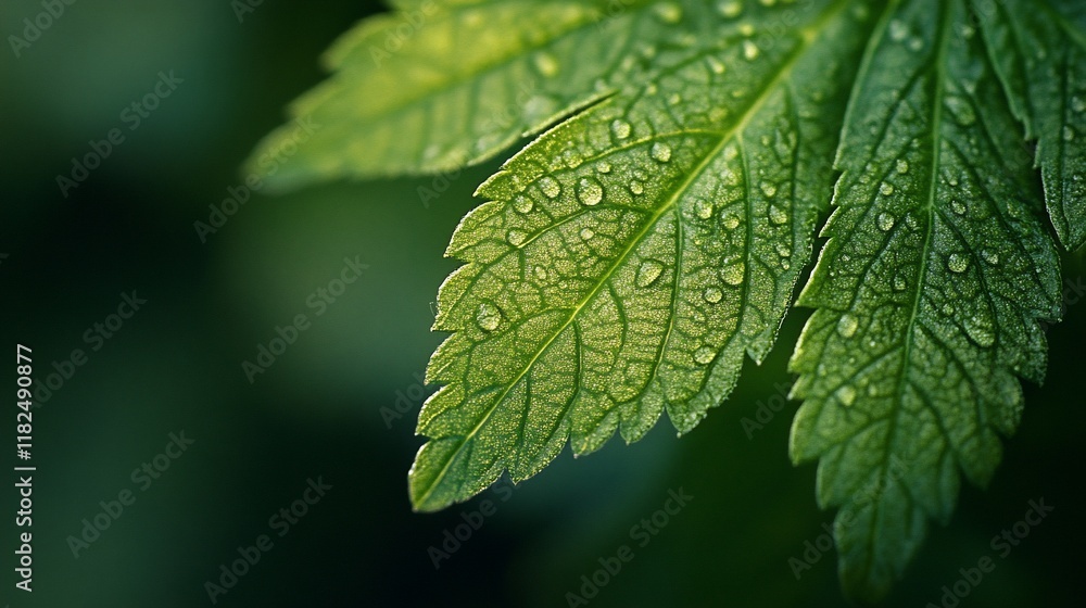 Dewy green leaf, close-up, garden background, nature photography, website banner Dewy green leaf, close-up, garden background, nature photography, website banner