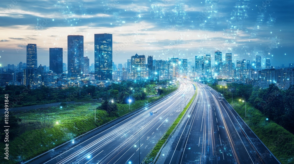 Night cityscape, highway, light trails, digital overlay. Night cityscape, highway, light trails, digital overlay.