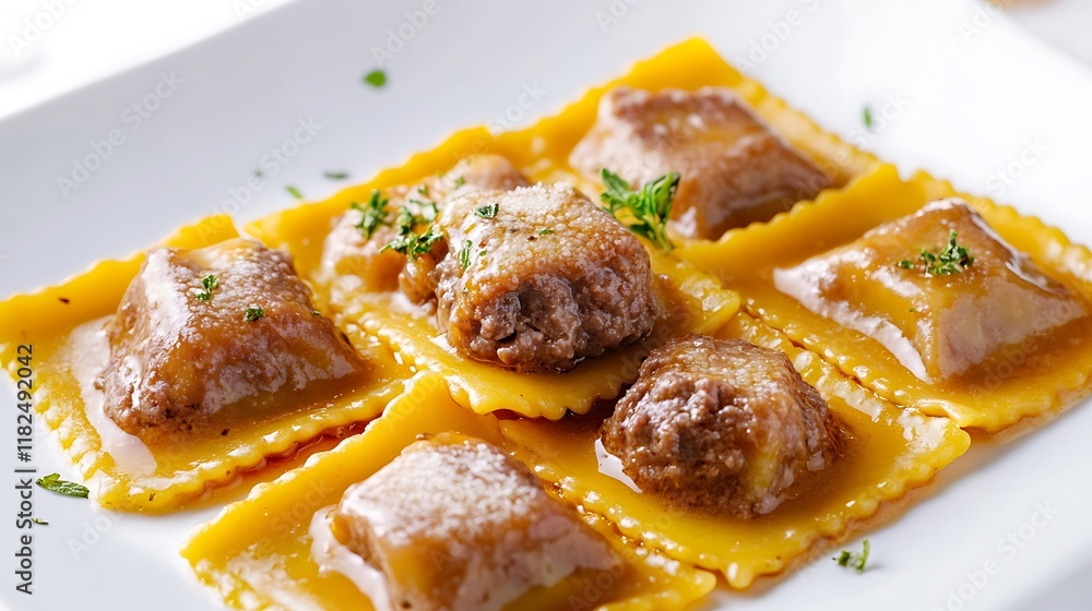 Italian ravioli pasta with meat filling in butter sauce isolated on white background. Italian ravioli pasta with meat filling in butter sauce isolated on white background.