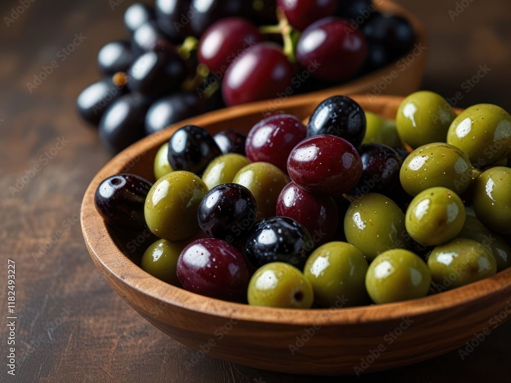 Assorted olives and grapes in a rustic wooden bowl, earthy tones Assorted olives and grapes in a rustic wooden bowl, earthy tones