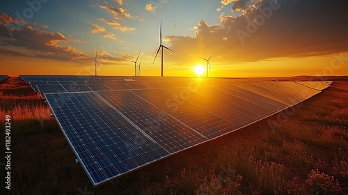 Renewable energy with solar panels and wind turbines at sunset