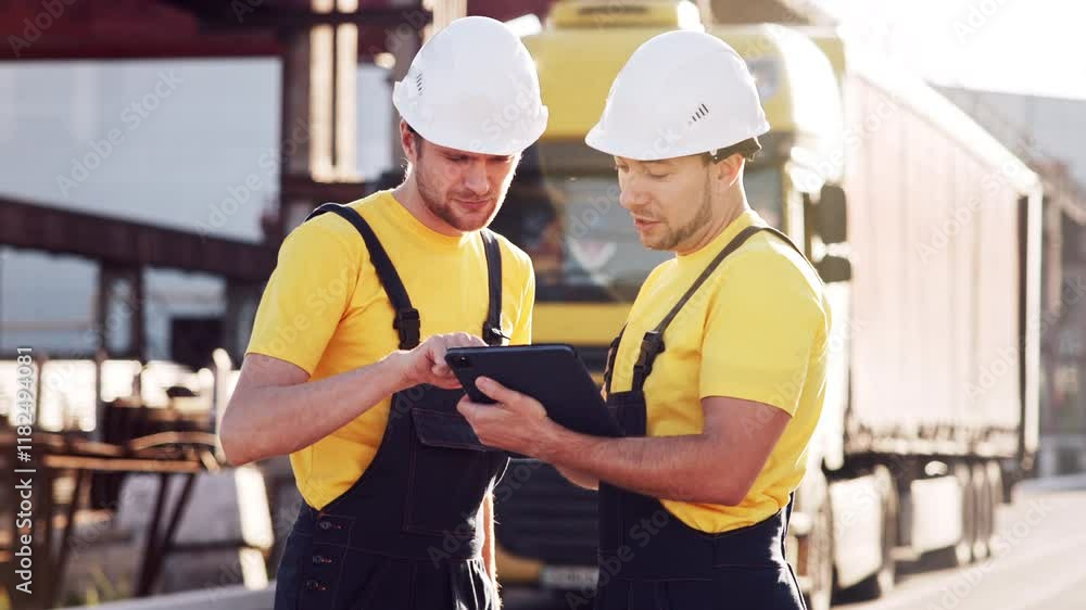 Two heavy industry worker or engineer builder in hardhat together looking at tablet and discussing manufacture plan standing on facility. Equipment project development, control machinery process Two heavy industry worker or engineer builder in hardhat together looking at tablet and discussing manufacture plan standing on facility. Equipment project development, control machinery process