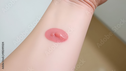 A small, raised, and inflamed bump on the forearm, indicating a positive reaction to the Mantoux test for tuberculosis diagnosis. photo