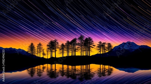 Vibrant star trails over silhouetted forest and mountain reflections at dusk photo