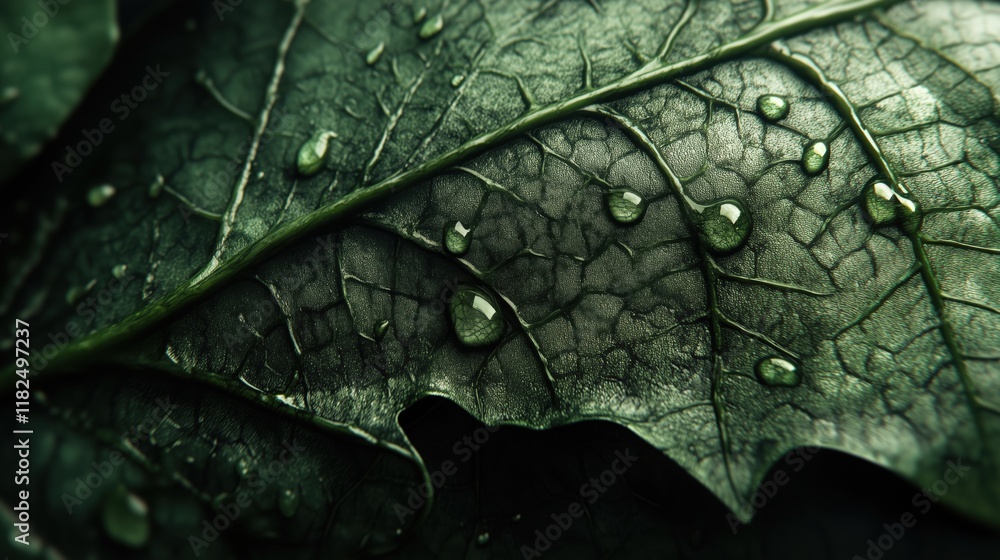 Fototapeta premium Macro close-up of green leaf with water droplets and intricate vein texture