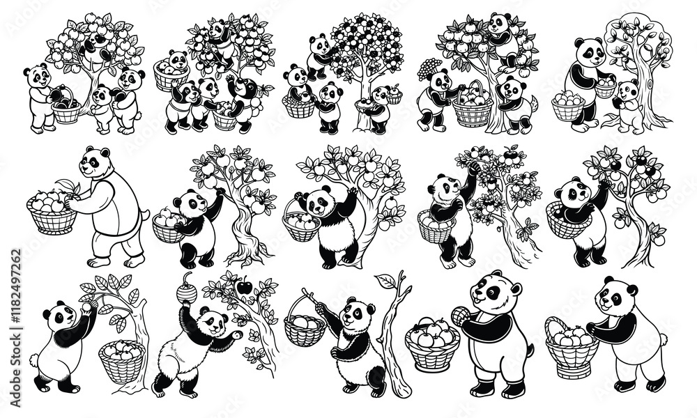 Obraz premium Apple Tree and Panda Coloring Page for Children, Line Drawing for Adults, Isolated on White Background, Perfect for Early Learning, Toddler Fun, and Creative Art Activities for Kids.