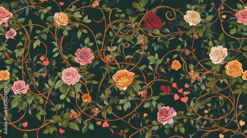 Botanical love intertwines vibrant roses and heart-shaped leaves against a dark background for a romantic and elegant design