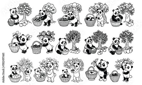 Apple Tree and Panda Coloring Page for Children, Line Drawing for Adults, Isolated on White Background, Perfect for Early Learning, Toddler Fun, and Creative Art Activities for Kids.