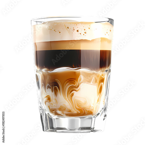 Transparent coffee glass with swirling coffee layers and foam isolated on the transparent background. photo