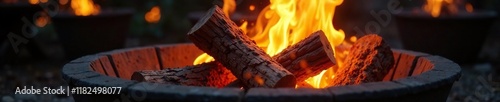 Warm flames dance upon logs in a cozy fire pot, fire pit, blazing flames photo