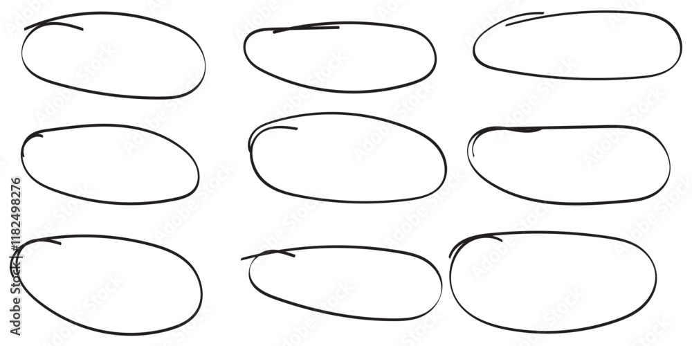 Set of hand drawn Ellipses Doodle. Scribble ovals and bubbles to circle and highlight text. Collection of different drawn black and red circles. Marker round elements isolated on white background. Set of hand drawn Ellipses Doodle. Scribble ovals and bubbles to circle and highlight text. Collection of different drawn black and red circles. Marker round elements isolated on white background.