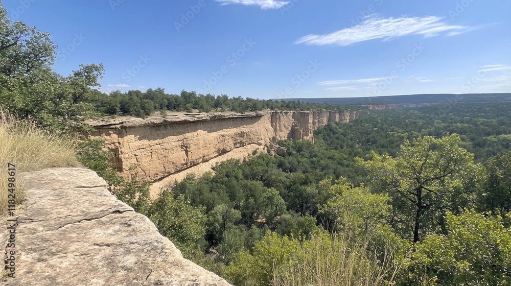 Fototapeta premium Canyon clifftop view, summer landscape, trees, blue sky