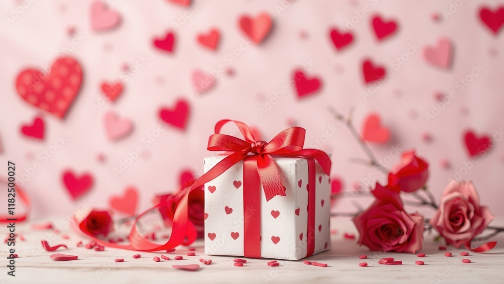 Gift box on the romantic background with hearts. Gift box on the romantic background with hearts.