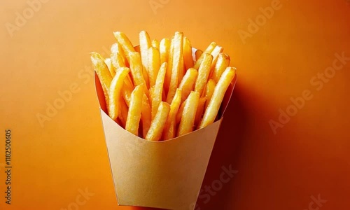 Golden Crispy French Fries in a Brown Paper Cone on an Orange Background Perfect for Fast Food Advertising and Marketing Campaigns