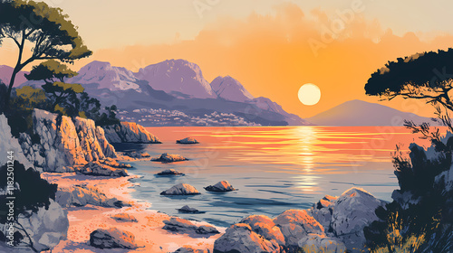 Panorama of the sea landscape, sunset over the bay, rocky shore,. Morningtide. Illustration photo