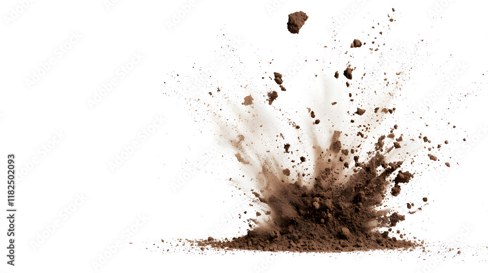 Dry soil explosion side view Isolated on white background Dry soil explosion side view Isolated on white background