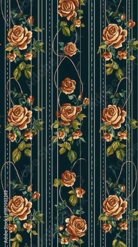 Botanical love pattern featuring intertwined roses and heart-shaped leaves on a dark textured background with subtle vertical lines