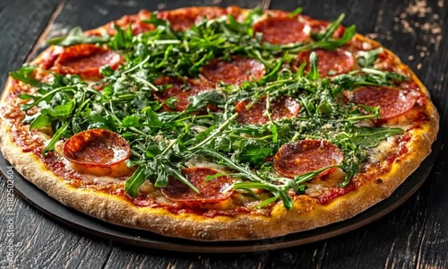 Delicious pepperoni pizza topped with fresh arugula on a rustic wooden table, showcasing a perfect blend of savory and fresh ingredients for a mouthwatering meal