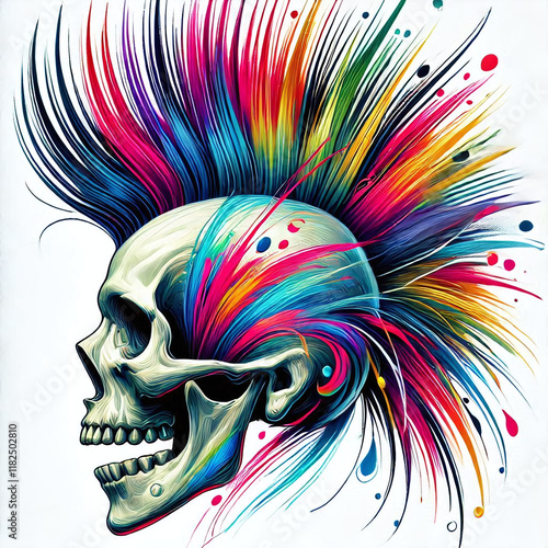 human skull with a bold spiked mohawk, embodying punk rock style and rebellious attitude sketch. Scratch board imitation. Vivid Color Image. Generative AI.