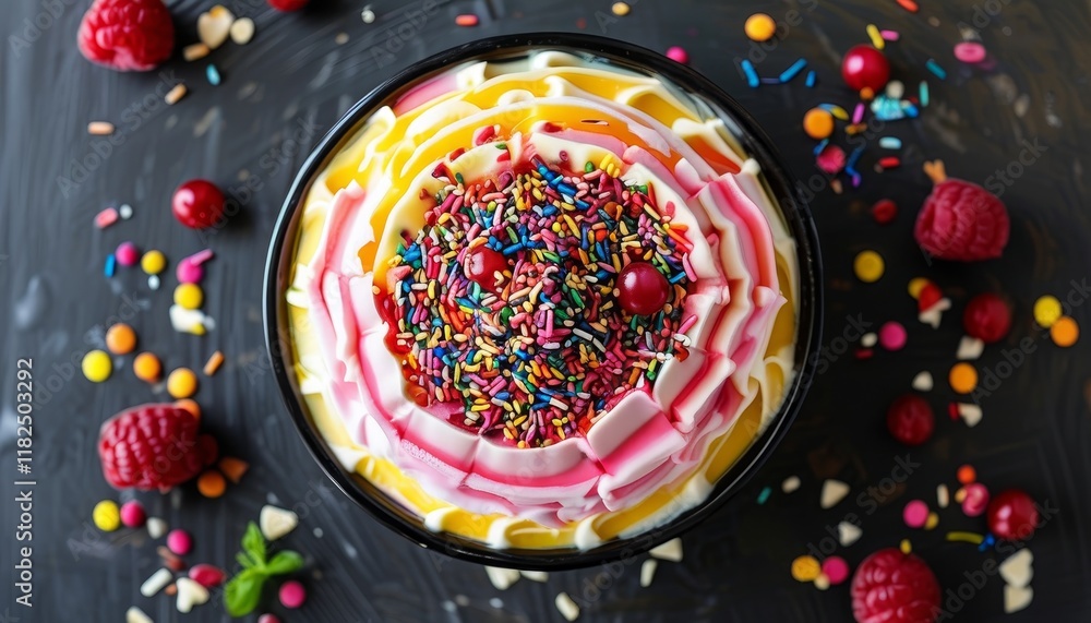 Fototapeta premium Colorful Ice Cream Cake Dessert in Bowl with Sprinkles and Berries on Dark Background