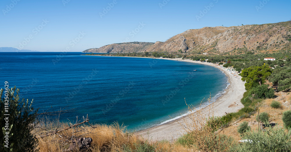 View of Geren beach from the hill. Aegean coast. Turkey holidays and travel. Bozalan locality, Milas district, Mugla city, Turkey country View of Geren beach from the hill. Aegean coast. Turkey holidays and travel. Bozalan locality, Milas district, Mugla city, Turkey country