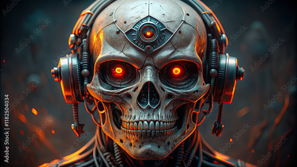 A detailed robotic skull with glowing orange eyes is equipped with headphones. The background is dim, enhancing the eerie and high-tech atmosphere of the setting A detailed robotic skull with glowing orange eyes is equipped with headphones. The background is dim, enhancing the eerie and high-tech atmosphere of the setting