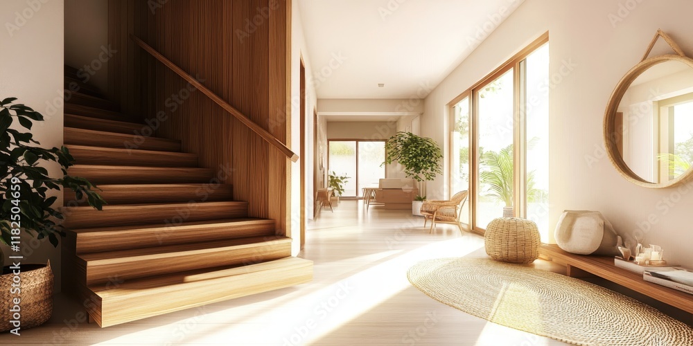 Obraz premium Bright modern interior, natural wood staircase, large glass door, sunlit room, cozy white armchair, potted plants, round mirror, minimalist decor, warm tones, inviting entryway, hardwood floors, neutr