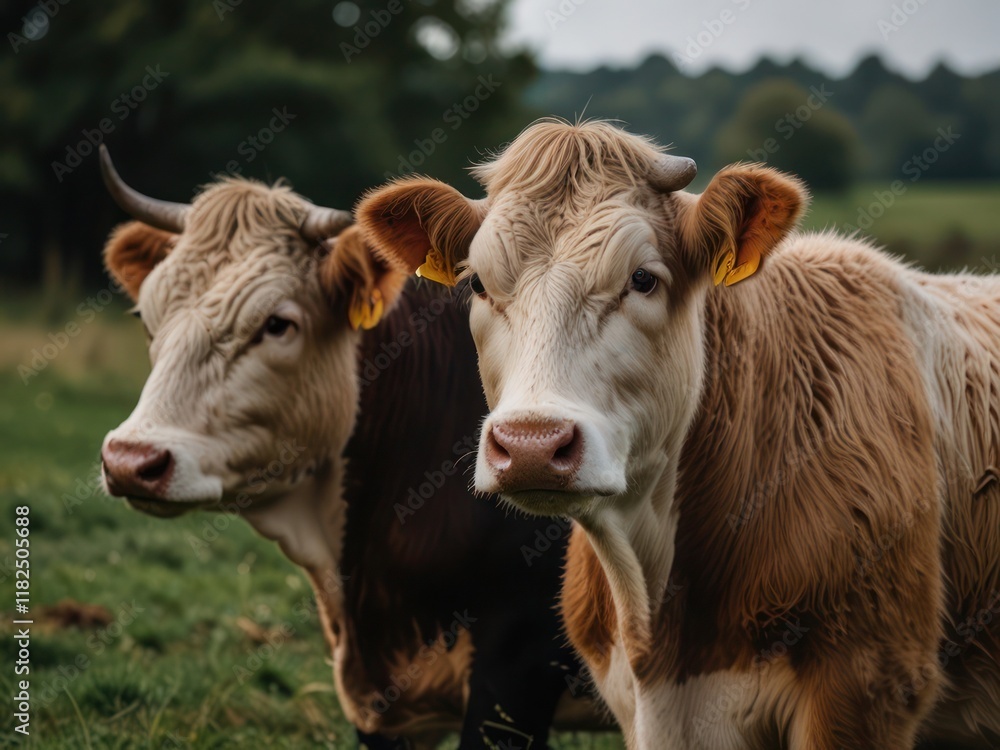 Two cows grazing peacefully on a lush green farm pasture Two cows grazing peacefully on a lush green farm pasture