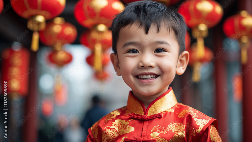 Joyful Child in Traditional Chinese Attire with Red Lanterns Background Joyful Child in Traditional Chinese Attire with Red Lanterns Background