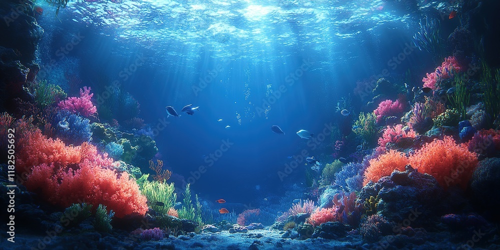 Naklejka premium Vibrant coral reef teeming with colorful fish in clear blue water under sunlight