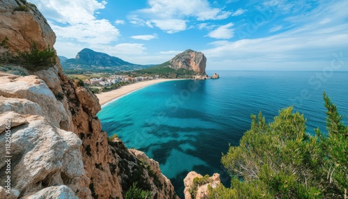Stunning Coastal Cliffs Turquoise Ocean Sandy Beach Mountain View