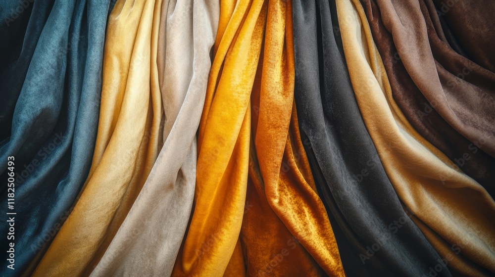 Obraz premium Vibrant multi-colored velvet fabrics draped in rows