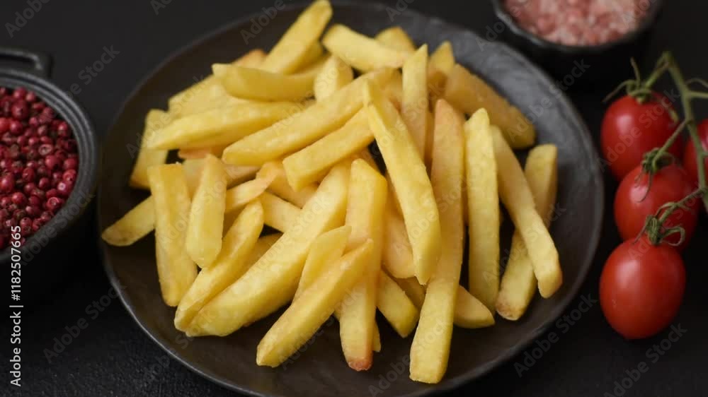 Delicious crispy French fries with salt and spices on dark concrete background Delicious crispy French fries with salt and spices on dark concrete background