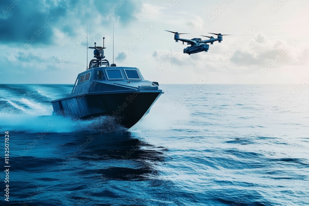 Naklejka premium Fast boat, drone, ocean, cloudy sky.