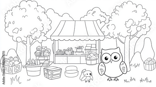 clever owl and small bird at colorful market with trees photo