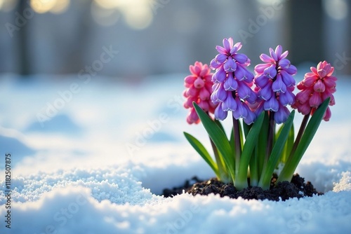 Snow-covered landscape with hyacinths bursting forth from frozen soil, natural, frost photo