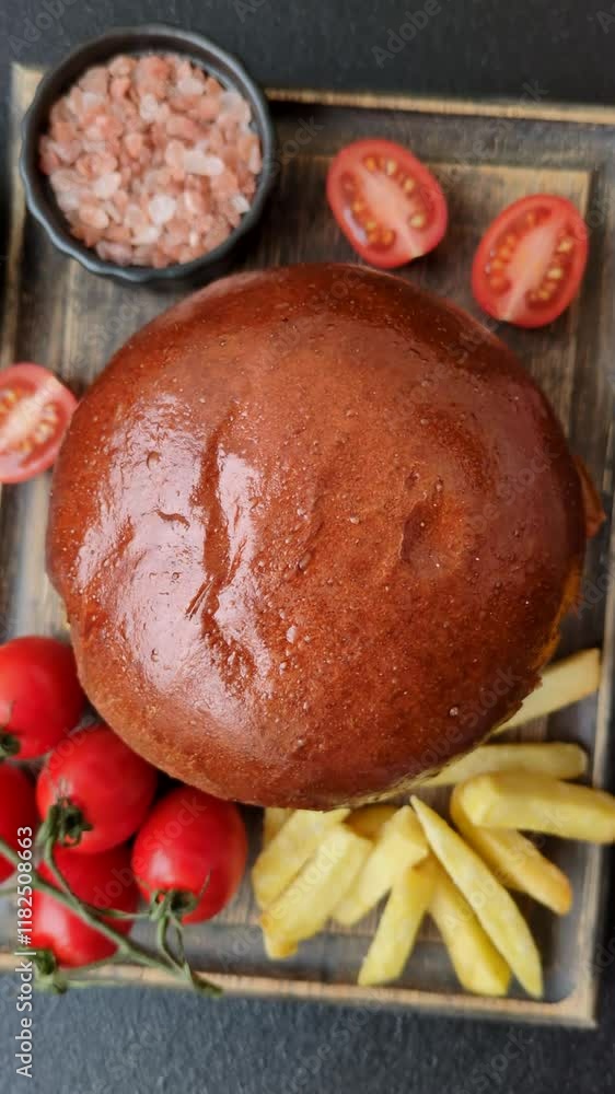 Delicious burger with beef patty, fried egg, bacon, herbs, sauce, salt and spices on dark concrete background Delicious burger with beef patty, fried egg, bacon, herbs, sauce, salt and spices on dark concrete background