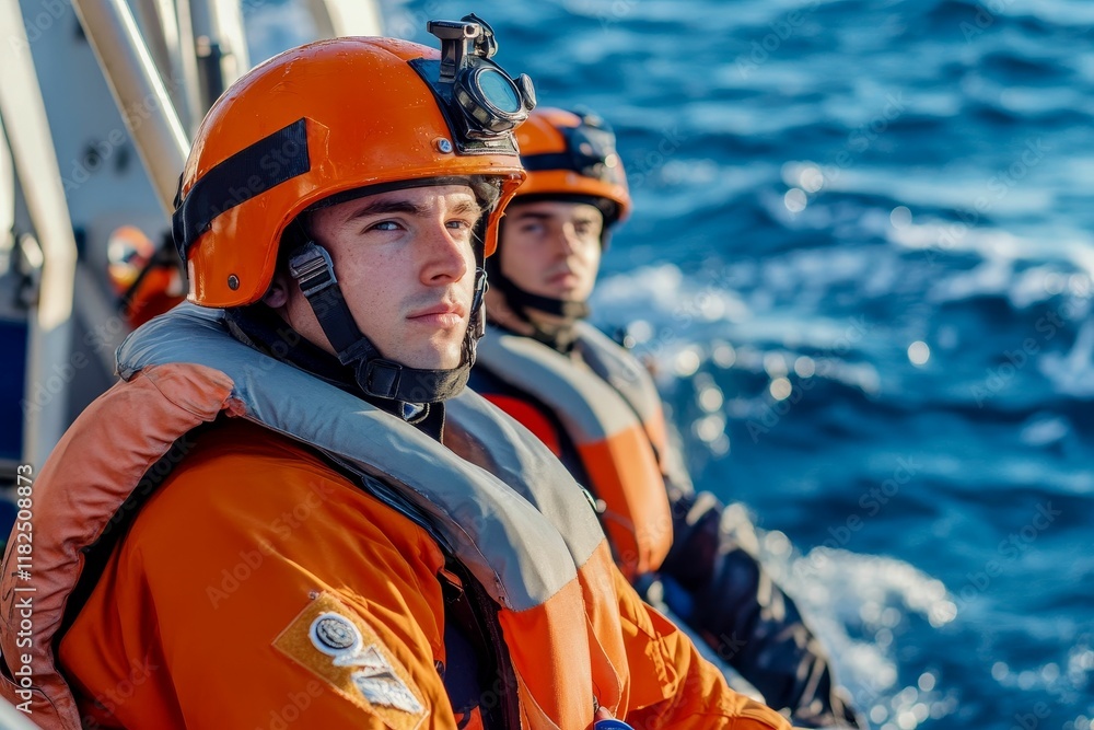 Two helmeted rescuers on boat, ocean backdrop. Two helmeted rescuers on boat, ocean backdrop.