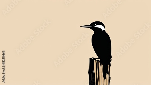 Minimalist woodpecker silhouette perched on a stump, perfect for wildlife art.