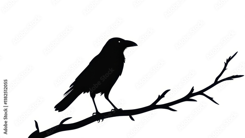 Fototapeta premium Abstract black crow silhouette on a simple white background, perfect for nature themes.