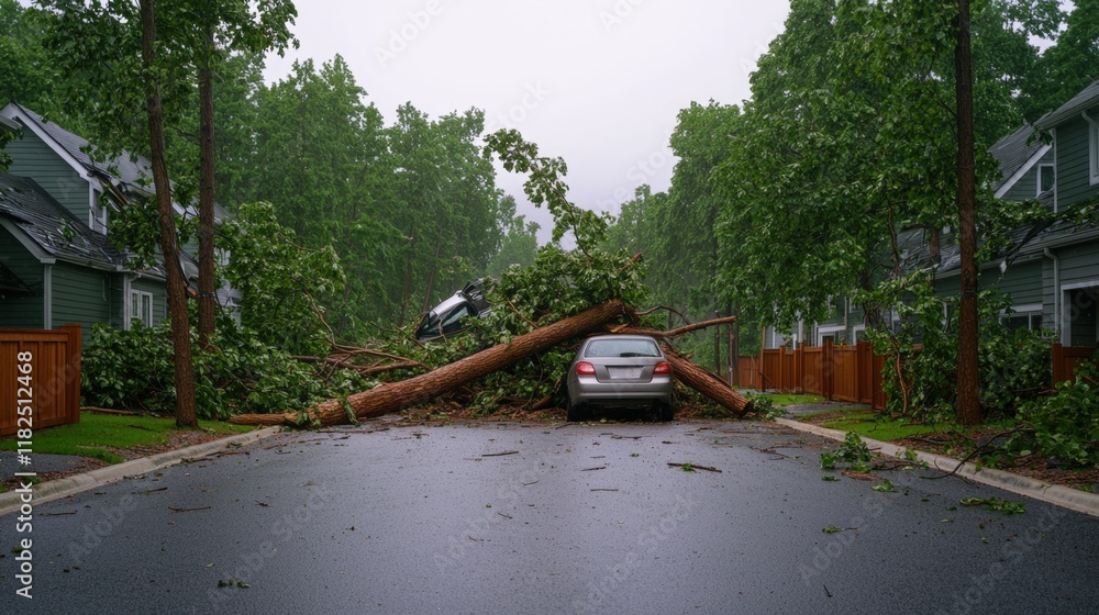 Home insurance damage and theft, A large tree has fallen across a residential street, blocking a parked car, amidst a rainy, overcast atmosphere.